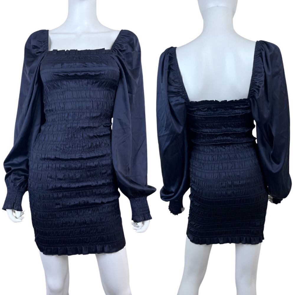 Dress Forum Women Size S Blue Smocked Satin Pullover Long Sleeve Mini NEW Dress